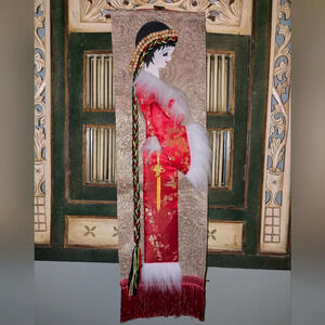 Vintage Asian tapestry fabric geisha art wall decor